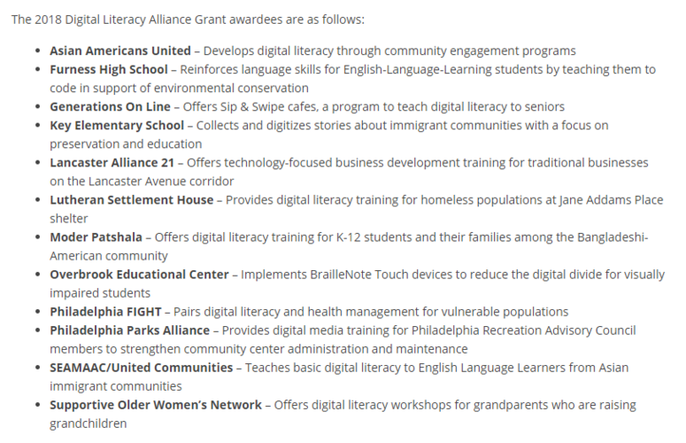 Digital Literacy Alliance grant winners 2018 Digital Literacy Alliance grant winners 2018